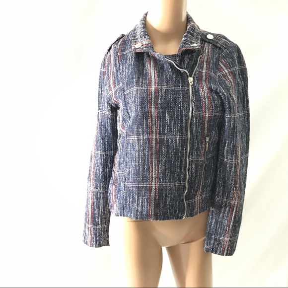 Muchmoney Women’s Tweed Blazer Size M Navy Blue Zipper Longsleeve Jacket - Picture 1 of 8